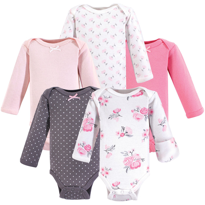 Hudson Baby Infant Girl Cotton Preemie Long-Sleeve Bodysuits 5 Pack, Basic Pink Floral