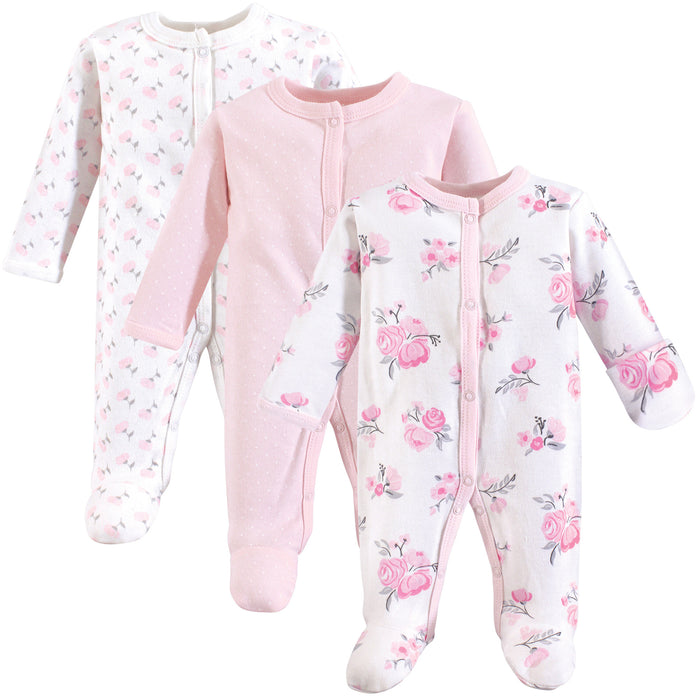 Hudson Baby Infant Girl Cotton Preemie Snap Sleep and Play 3 Pack, Basic Pink Floral