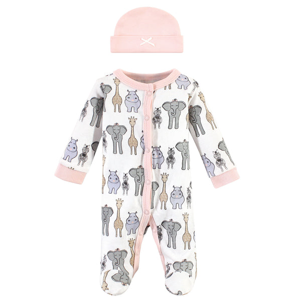 Hudson Baby Infant Girl Preemie Snap Sleep and Play and Cap 2 Piece Set, Pink Safari