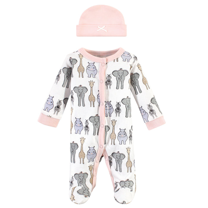 Hudson Baby Infant Girl Preemie Snap Sleep and Play and Cap 2 Piece Set, Pink Safari