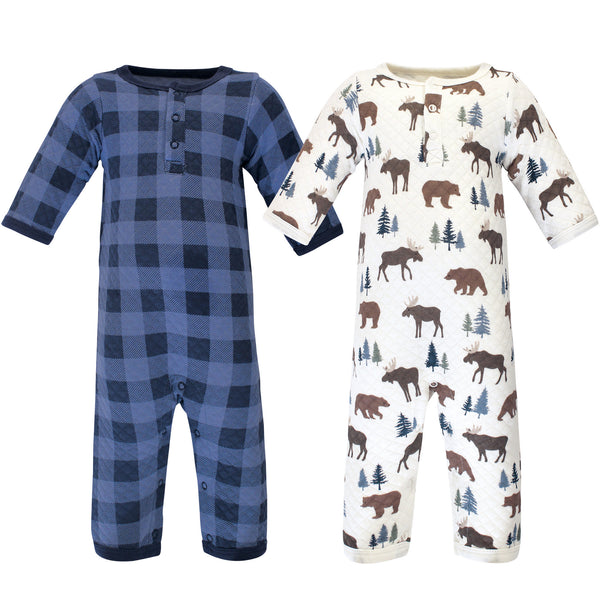 Hudson Baby Infant Boy Premium Quilted Coveralls 2-Pack, Moose Bear