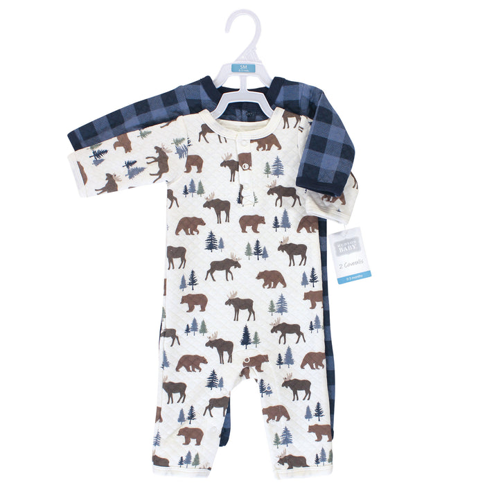 Hudson Baby Infant Boy Premium Quilted Coveralls 2-Pack, Moose Bear