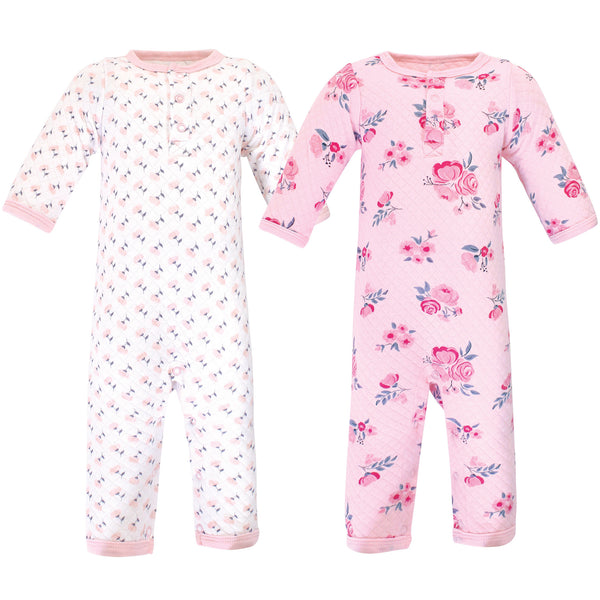 Hudson Baby Infant Girl Premium Quilted Coveralls 2 Pack, Pink Navy Floral