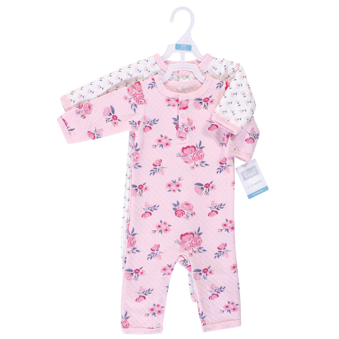 Hudson Baby Infant Girl Premium Quilted Coveralls 2 Pack, Pink Navy Floral