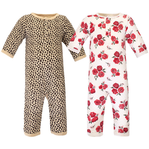 Hudson Baby Infant Girl Premium Quilted Coveralls 2 Pack, Rose Leopard