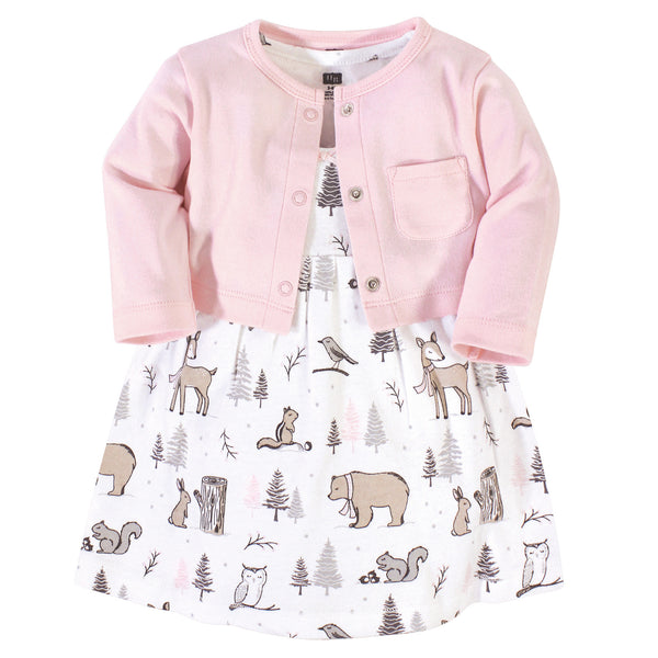 Hudson Baby Girls Cotton Dress and Cardigan 2Piece Set, Winter Forest