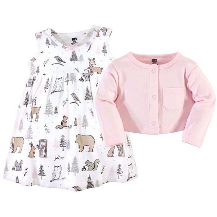 Hudson Baby Girls Cotton Dress and Cardigan 2Piece Set, Winter Forest