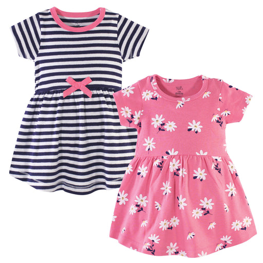 Hudson Baby Infant and Toddler Girl Cotton Short-Sleeve Dresses 2 Pack, Pink Daisy