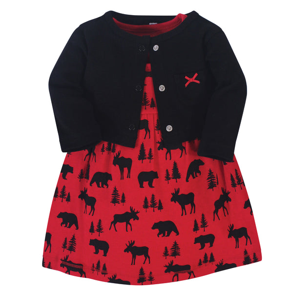 Hudson Baby Girls Cotton Dress and Cardigan 2 Piece Set, Red Moose Bear