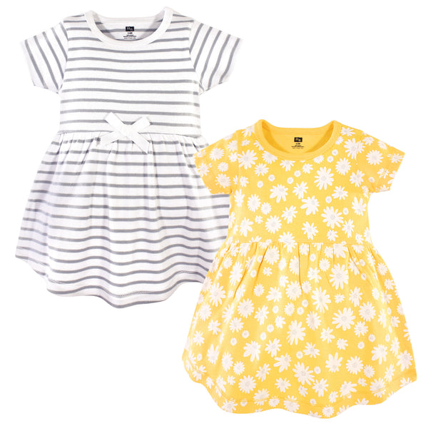 Hudson Baby Infant and Toddler Girl Cotton Short-Sleeve Dresses 2 Pack, Yellow Daisy