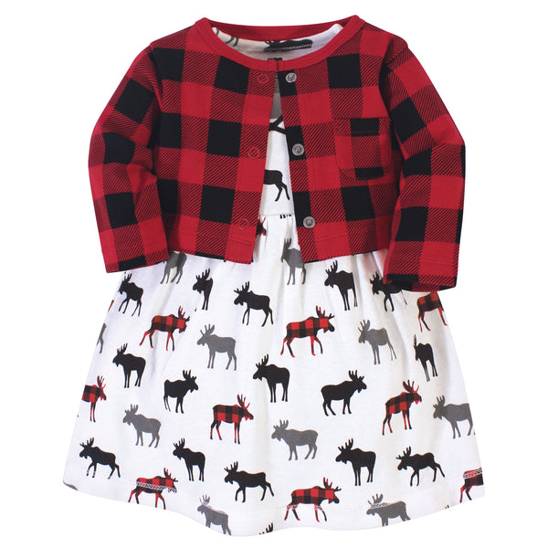 Hudson Baby Girls Cotton Dress and Cardigan 2 Piece Set, Buffalo Plaid Moose