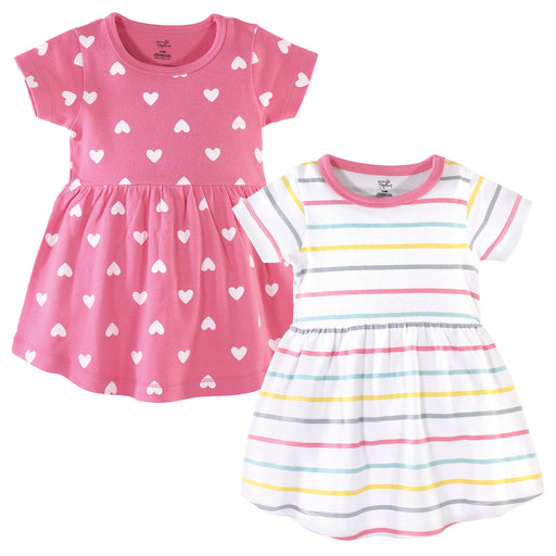 Hudson Baby Infant and Toddler Girl Cotton Short-Sleeve Dresses 2 Pack, Candy Stripes