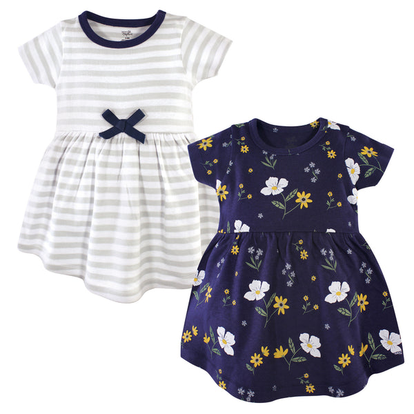 Hudson Baby Infant and Toddler Girl Cotton Short-Sleeve Dresses 2 Pack, Night Blooms