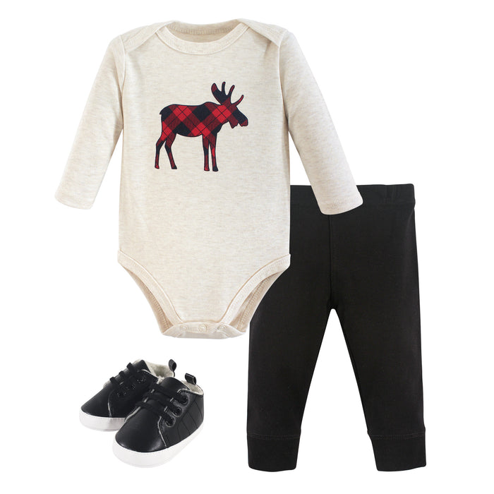 Hudson Baby Infant Boy Cotton Bodysuit, Pant and Shoe 3 Piece Set, Plaid Moose