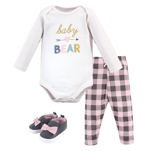 Hudson Baby Infant Girl Cotton Bodysuit, Pant and Shoe 3 Piece Set, Girl Baby Bear