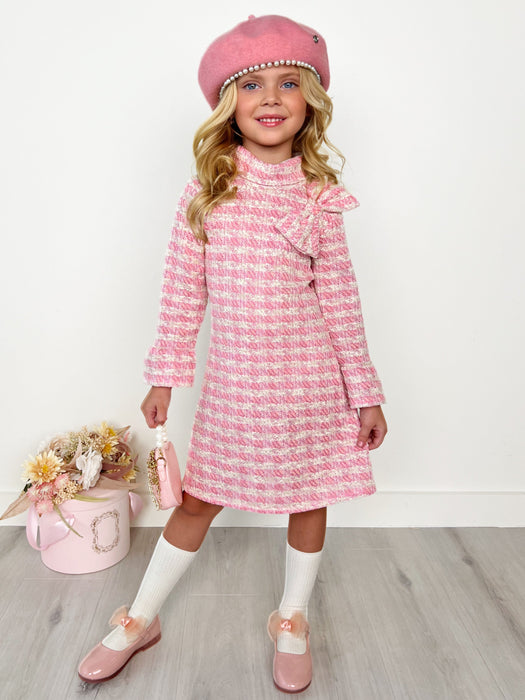 Mia Belle Girls Charming Checked Tweed Pink Dress