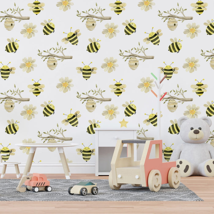 TeepeeJoy Bee Themed Nursery Wallpaper and Kids Room Wallpaper - Honeybee Garden Waltz