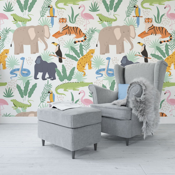 TeepeeJoy Jungle Themed Nursery Wallpaper and Kids Room Wallpaper - Jungle Jamboree