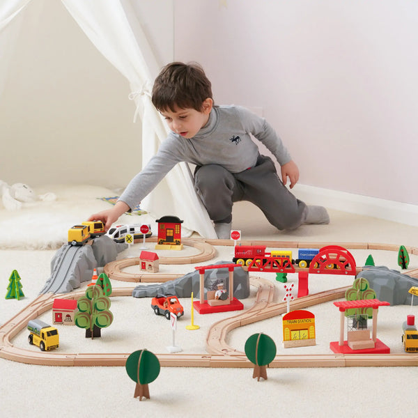 Tiny Land® Wooden Track Trains 55 Pcs