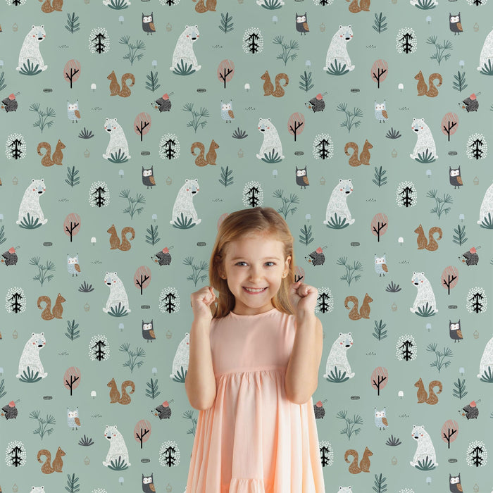 TeepeeJoy Bear Peel and Stick Wallpaper or Traditional Wallpaper - Charming Forest