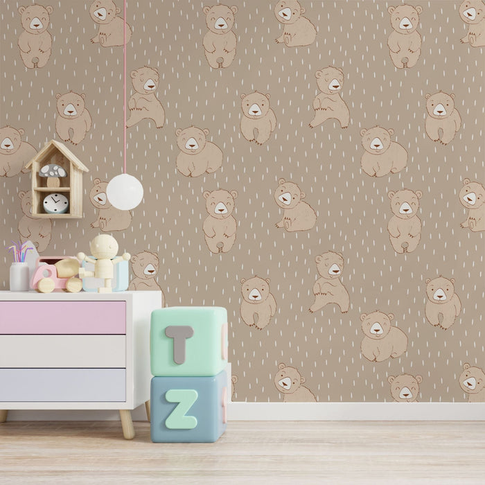 TeepeeJoy Bear Wallpaper for Nursery and Kids Rooms - Teddy's Raindrop Meadow