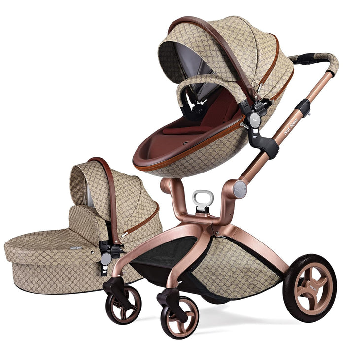 Hot Mom Baby Stroller Height-Adjustable Seat and Reclining Baby Carriage in Beige