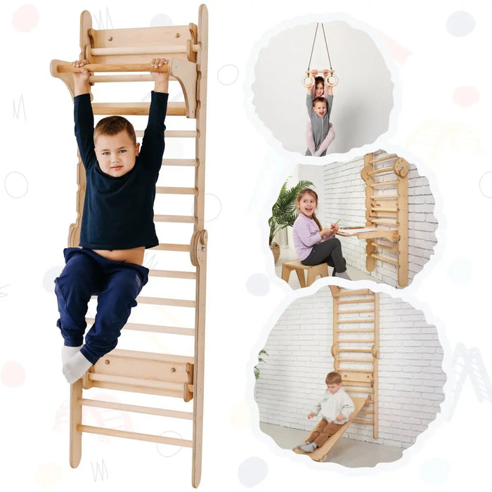 Goodevas 4in1 Wooden Swedish Wall / Climbing ladder for Children + Swing Set + Slide Board + Art Add-on