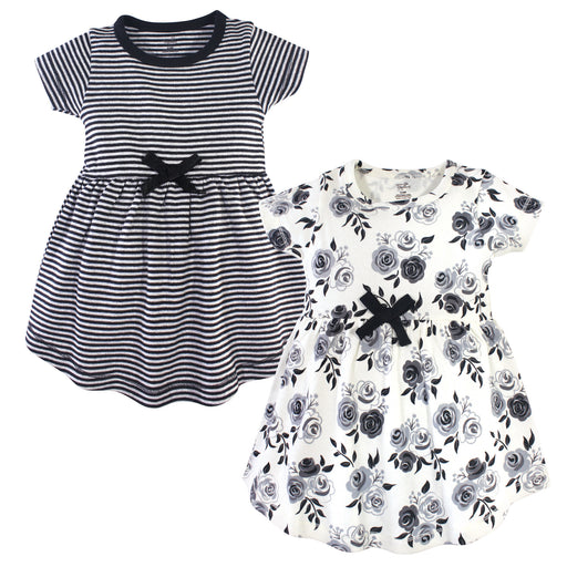 Touched by Nature Baby and Toddler Girl Organic Cotton Short-Sleeve Dresses 2 Pack, Black Floral