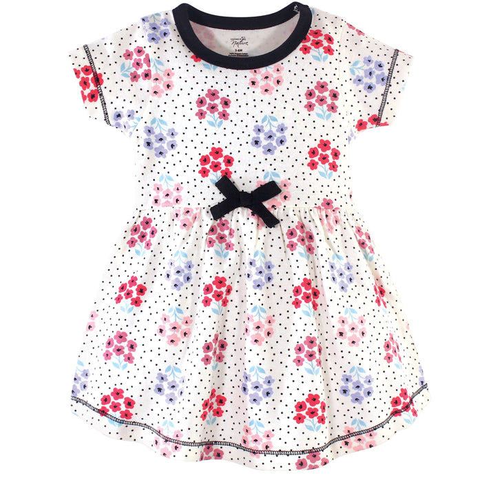 Touched by Nature Baby and Toddler Girl Organic Cotton Short-Sleeve Dresses 2 Pack, Floral Dot