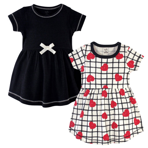 Touched by Nature Baby and Toddler Girl Organic Cotton Short-Sleeve Dresses 2 Pack, Black Red Heart