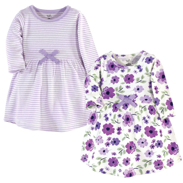 Touched by Nature Baby and Toddler Girl Organic Cotton Long-Sleeve Dresses 2 Pack, Purple Garden