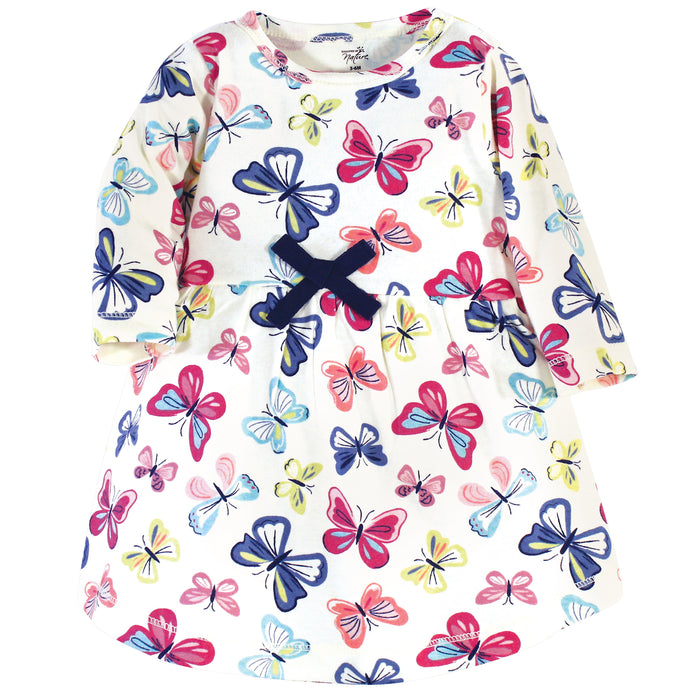 Touched by Nature Baby and Toddler Girl Organic Cotton Long-Sleeve Dresses, Bright Butterflies, 6-9 Months