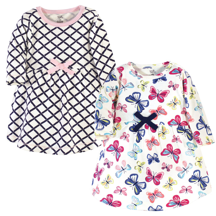 Touched by Nature Baby and Toddler Girl Organic Cotton Long-Sleeve Dresses, Bright Butterflies, 6-9 Months