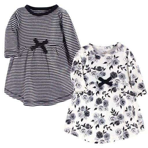 Touched by Nature Baby and Toddler Girl Organic Cotton Long-Sleeve Dresses 2 Pack, Black Floral