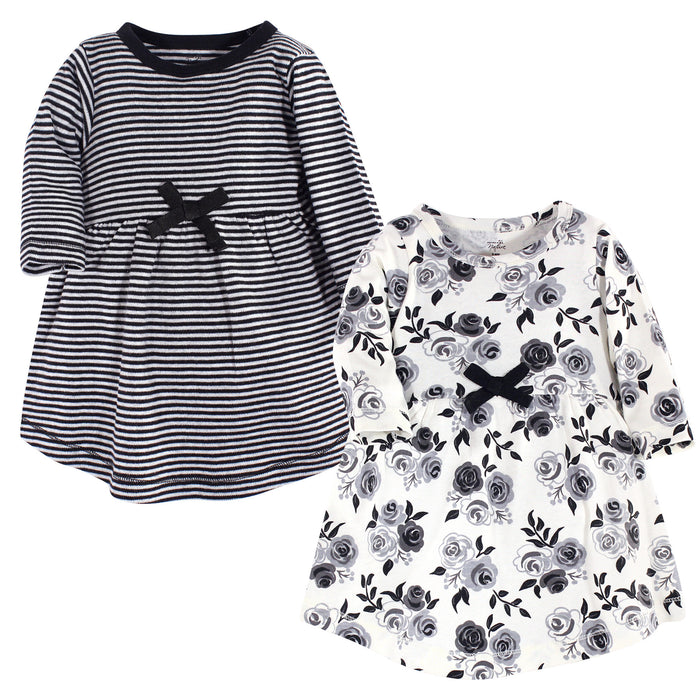 Touched by Nature Baby and Toddler Girl Organic Cotton Long-Sleeve Dresses, Black Floral, 3 Toddler