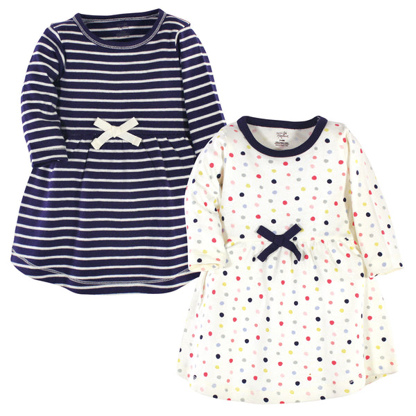 Touched by Nature Baby and Toddler Girl Organic Cotton Long-Sleeve Dresses 2 Pack, Colorful Dot