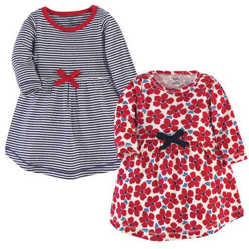 Touched by Nature Baby and Toddler Girl Organic Cotton Long-Sleeve Dresses 2 Pack, Red Flowers