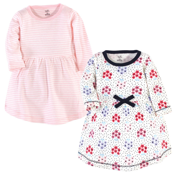 Touched by Nature Baby and Toddler Girl Organic Cotton Long-Sleeve Dresses 2 Pack, Floral Dot