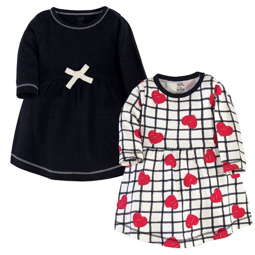 Touched by Nature Baby and Toddler Girl Organic Cotton Long-Sleeve Dresses 2 Pack, Black Red Heart