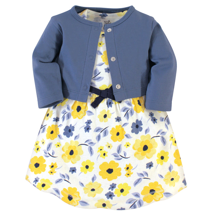 Touched by Nature Baby and Toddler Girl Organic Cotton Dress and Cardigan 2 Piece Set, Yellow Garden