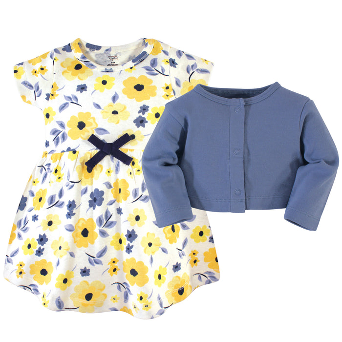 Touched by Nature Baby and Toddler Girl Organic Cotton Dress and Cardigan 2 Piece Set, Yellow Garden