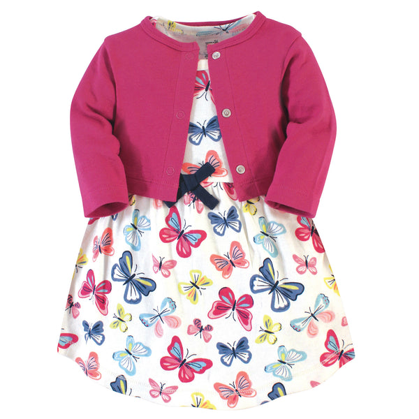 Touched by Nature Baby and Toddler Girl Organic Cotton Dress and Cardigan 2 Piece Set, Bright Butterflies