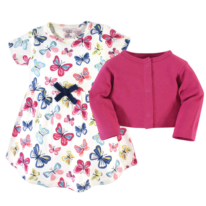 Touched by Nature Baby and Toddler Girl Organic Cotton Dress and Cardigan 2 Piece Set, Bright Butterflies