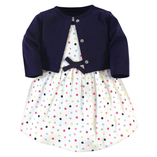 Touched by Nature Baby and Toddler Girl Organic Cotton Dress and Cardigan 2 Piece Set, Colorful Dot