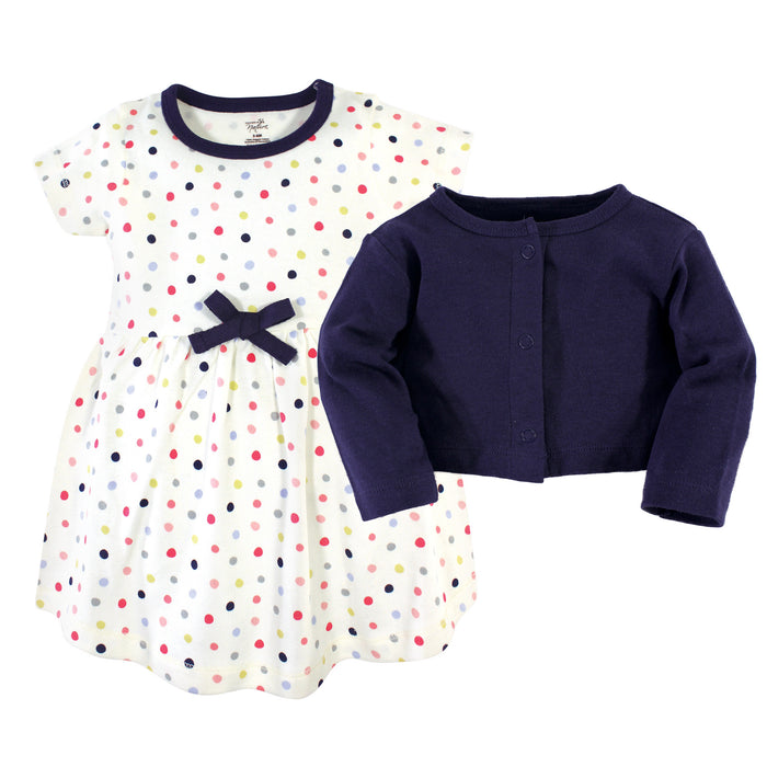 Touched by Nature Baby and Toddler Girl Organic Cotton Dress and Cardigan 2 Piece Set, Colorful Dot