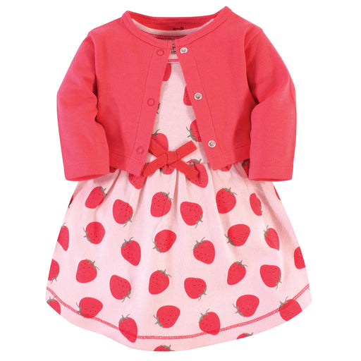 Touched by Nature Baby and Toddler Girl Organic Cotton Dress and Cardigan 2 Piece Set, Strawberries