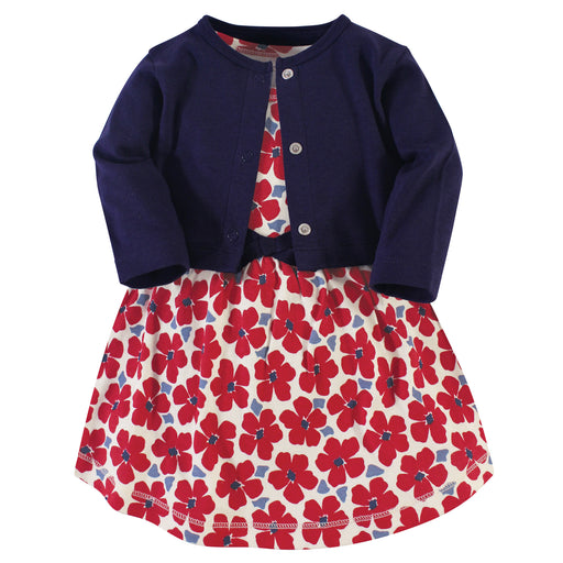 Touched by Nature Baby and Toddler Girl Organic Cotton Dress and Cardigan 2 Piece Set, Red Flowers
