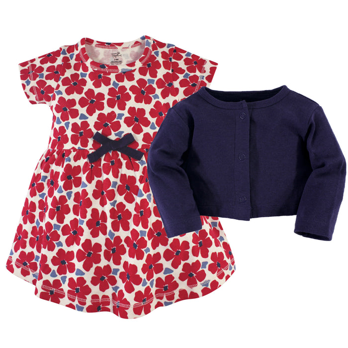 Touched by Nature Baby and Toddler Girl Organic Cotton Dress and Cardigan 2 Piece Set, Red Flowers