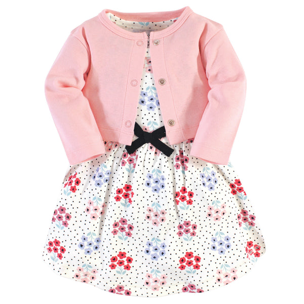 Touched by Nature Baby and Toddler Girl Organic Cotton Dress and Cardigan 2 Piece Set, Floral Dot