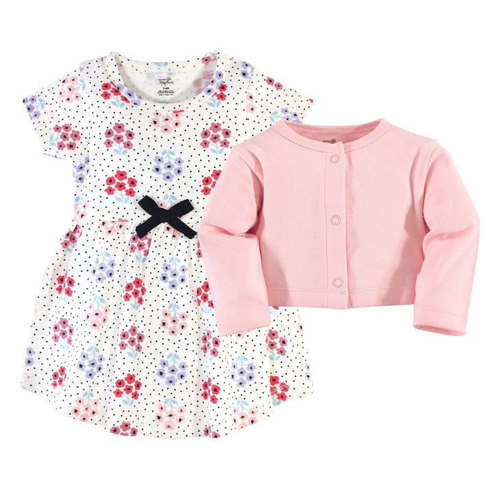 Touched by Nature Baby and Toddler Girl Organic Cotton Dress and Cardigan 2 Piece Set, Floral Dot